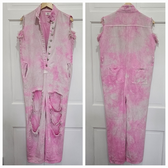 N°1 Los Angeles Pink Acid Wash Distressed Denim Jumpsuit Size S - Picture 4 of 17